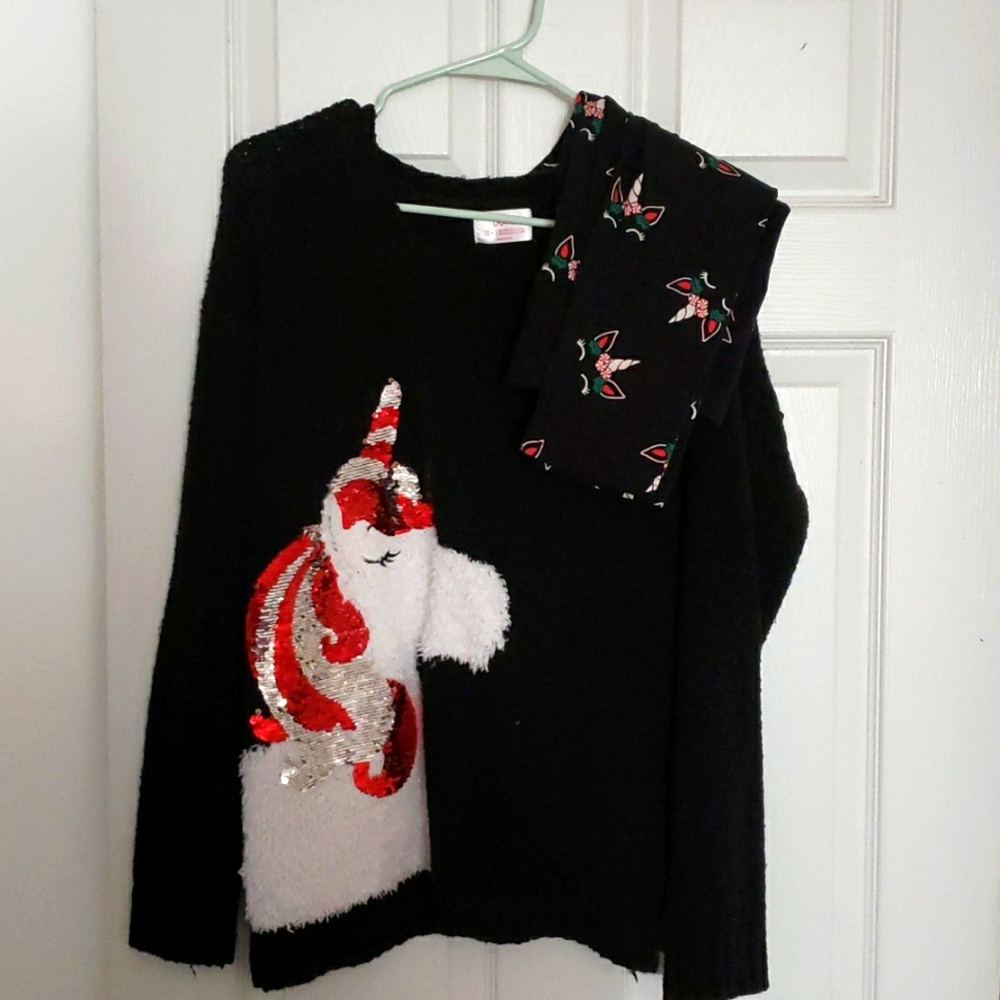 Justice 18 PLUS Unicorn Black Sweater w/ matching leggings